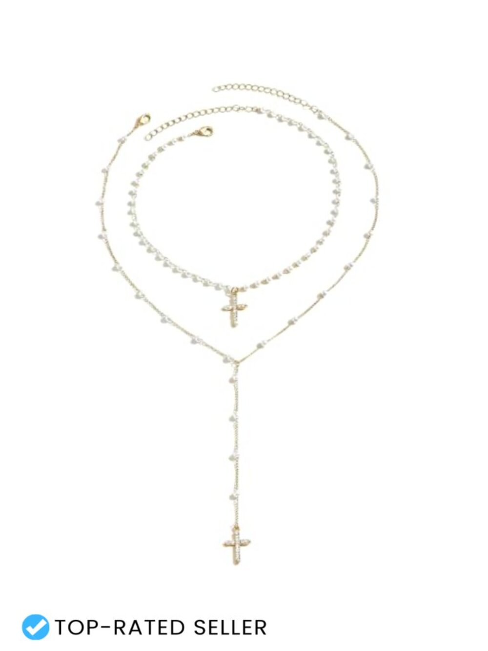 Layered Pearl Cross Necklace Gold Plated Dainty Christian Jewelry